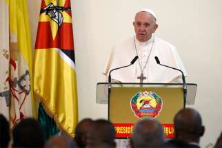 Pope Francis speaks at a meeting with authorities, leaders of civil society and the diplomatic corps at the Palacio da Ponta Vermelha in Maputo, Mozambique, Sept. 5, 2019.