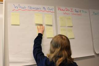 Students think about and discuss what stresses them out, and the actions and feelings they exhibit when stressed in a workshop.