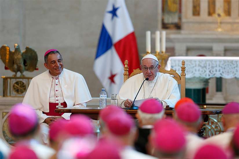  Pope Francis addresses Central American bishops during a meeting in the Church of St. Francis of Assisi in Panama City Jan. 24, 2019. At left is Archbishop Jose Domingo Ulloa Mendieta of Panama. 