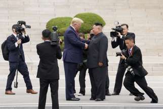 U.S. President Donald Trump meets with North Korean leader Kim Jong Un June 30, 2019, in Panmunjom, South Korea, at the demilitarized zone separating the two Koreas. After praying the Angelus with pilgrims gathered in St. Peter&#039;s Square June 30, the Pope Francis called the historic meeting a &quot;good example of a culture of encounter.&quot;