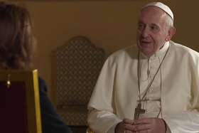 Pope Francis speaks with Valentina Alazraki of the Mexican television station Televisa during an interview that aired in May 2019. Clips, apparently cut from the interview and showing Pope Francis talking about “civil unions,” is used in the documentary &quot;Francesco&quot; by Evgeny Afineevsky.