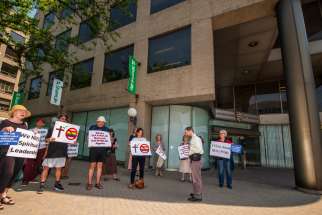 Protesters gather outside the offices of the Archdiocese of Toronto, June 1, 2023, demanding that Archbishop Leo remove Catholic institutions&#039; right to call themselves Catholic if they continue to fly the Pride flag.