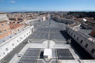 An empty St. Peter&#039;s Square is seen at the Vatican March 12, 2020.