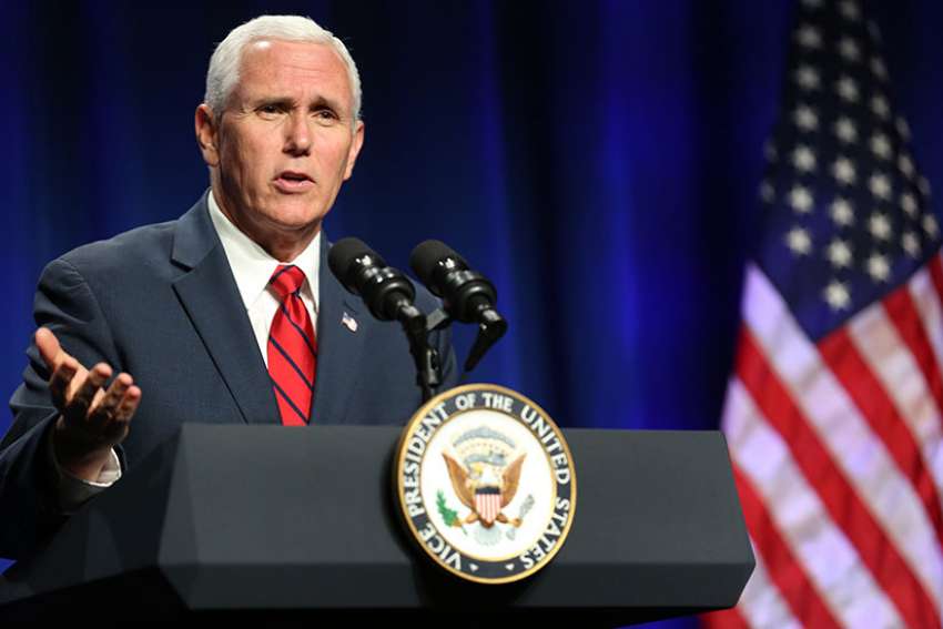 U.S. Vice President Mike Pence gestures as he speaks during the National Catholic Prayer Breakfast June 6 in Washington.
