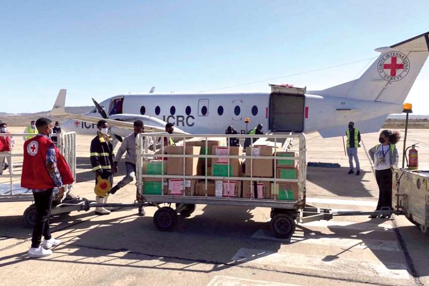 Workers from the International Committee of the Red Cross deliver medical supplies into Mekele, in the Tigray region of Ethiopia, in this Jan. 26 file photo.