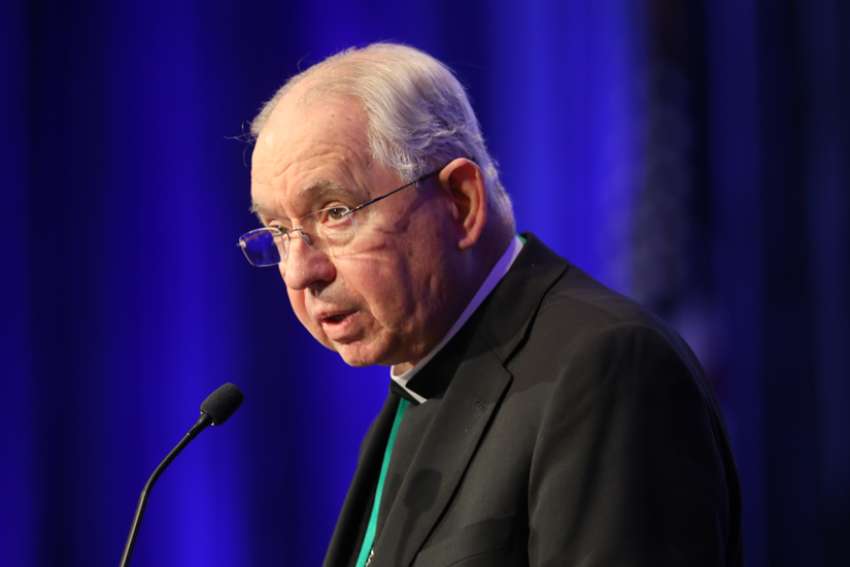 Archbishop José H. Gomez of Los Angeles, president of the U.S. Conference of Catholic Bishops, gives his presidential address Nov. 16, 2021, during a session of the bishops&#039; fall general assembly in Baltimore. Due to the COVID-19 pandemic, it is the first in-person bishops&#039; meeting since 2019.
