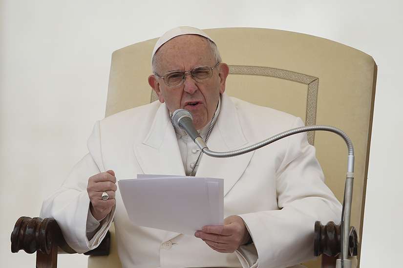 Pope Francis speaks during his general audience in St. Peter&#039;s Square at the Vatican Feb. 22.