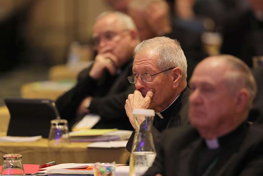 Bishops listen to a speaker Nov. 13 at the fall general assembly of the U.S. Conference of Catholic Bishops in Baltimore. 