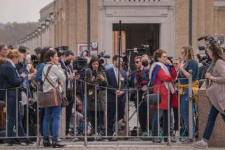 Members of the press gather in St. Peter&#039;s Square to cover the meetings of Canada&#039;s indigenous representatives with Pope Francis.
