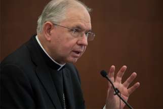 Archbishop Jose H. Gomez of Los Angeles speaks during a lecture at The Catholic University of America in Washington Feb. 6, 2019.