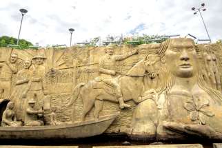 A sculpture in downtown Boa Vista, Brazil, displays the conquest of Indigenous peoples. Protecting Indigenous culture is one of the issues to be discussed at the Synod of Bishops on the Amazon in Rome next month.
