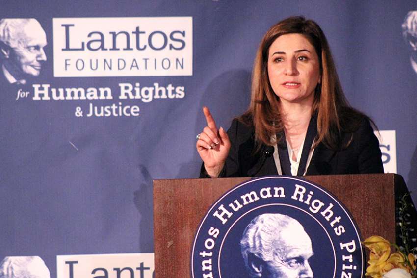 Iraqi lawmaker Vian Dakhil speaks after receiving the Lantos Human Rights Prize at a Capitol Hill ceremony on Feb. 8, 2017.