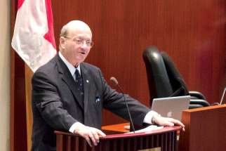 Former Canadian senator Hugh Segal addresses the Faith in the City symposium earlier this month at Toronto City Hall.