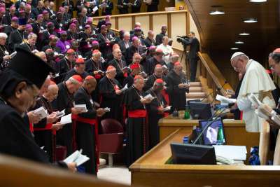 Pope Francis participates in morning prayer during a session of the Synod of Bishops on young people in this file photo from 2018. The October assembly of the &quot;synod on synodality&quot; has been designed to include more times for shared prayer -- both publicly and among synod members only.