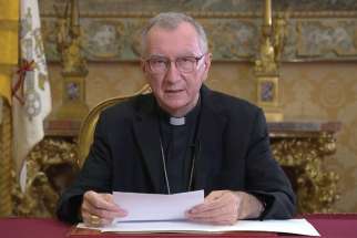 Cardinal Pietro Parolin, Vatican secretary of state, speaks from the Vatican in a video message to the UN General Assembly’s High-Level Summit Sept. 21.