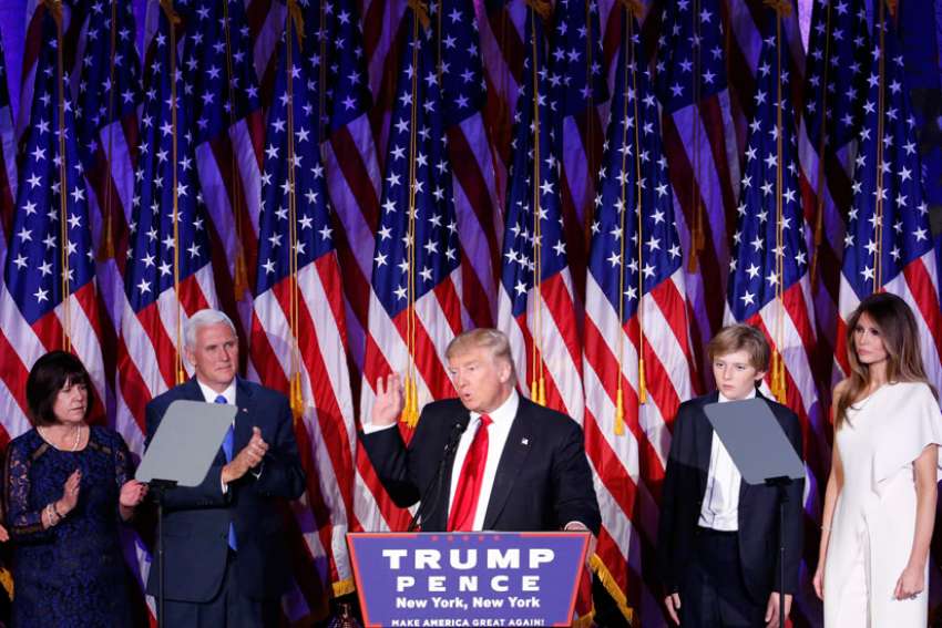 President-elect Donald Trump delivers his acceptance speech at the New York Hilton Midtown in Manhattan in the early morning hours Nov. 9.