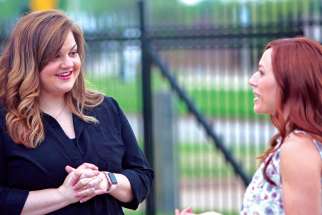 Abby Johnson, left, is seen on the set of the movie Unplanned with actress Ashley Bratcher, who plays her. The movie details the story of Johnson, a former Planned Parenthood administrator who quit that job to join the pro-life movement after her up-close interaction with abortion. 