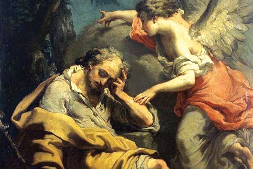 An angel comes to Joseph in a dream in this painting by Italian artist Gaetano Gandolfi, circa 1790.