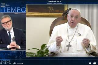 Pope Francis is pictured during an interview with Fabio Fazio on the popular Italian talk show, &quot;Che Tempo Che Fa,&quot; in this screen capture from the Feb. 6, 2022, program televised by the Italian national broadcaster, RAI.