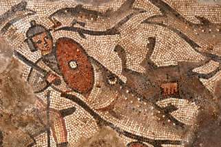 A mosaic shows a fish swallowing one of Pharaoh&#039;s soldiers in the parting of the Red Sea. The mosaic was found at the ancient synagogue at Huqoq.