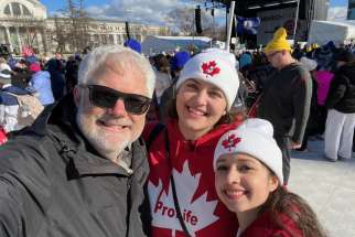 Filmmaker Kevin Dunn, left, with Canadian pro-lifers Josie Lutke (centre) and Ruth Robert at the March for Life in Washington, D.C.