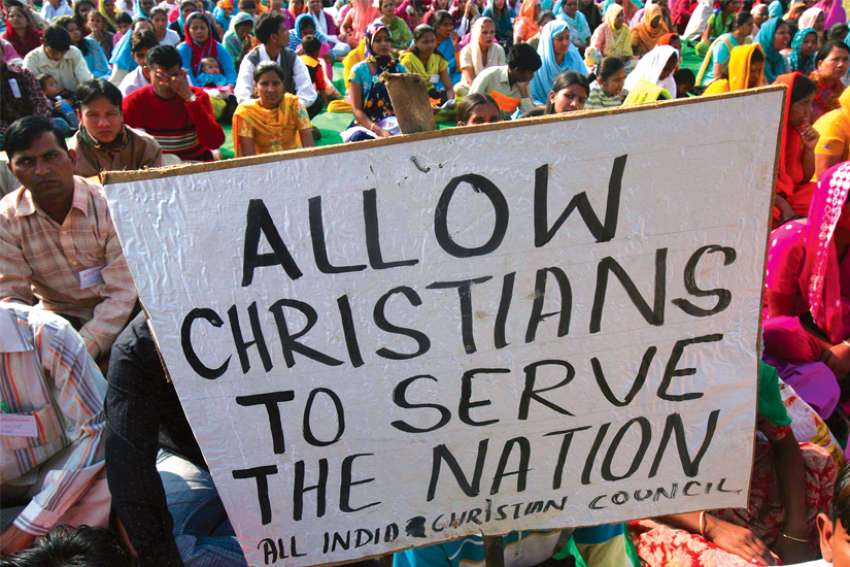 Christians are pictured in a file photo taking part in a protest in Chandigarh, India, against the killings of Christians in Orissa and Karnataka states. Prominent Indian citizens, including Christians, have demanded a repeal of all anti-conversion laws in the country, saying they are used to target minorities.