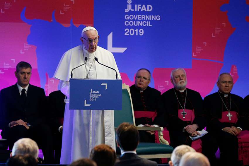 Pope Francis addresses the governing council of the International Fund for Agricultural Development at the headquarters of the U.N. Food and Agriculture Organization in Rome Feb. 14, 2019.