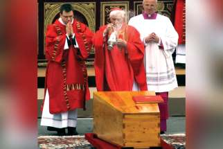 Then-Cardinal Joseph Ratzinger celebrates the funeral Mass of Pope John Paul II in St. Peter’s Square at the Vatican April 8, 2005.