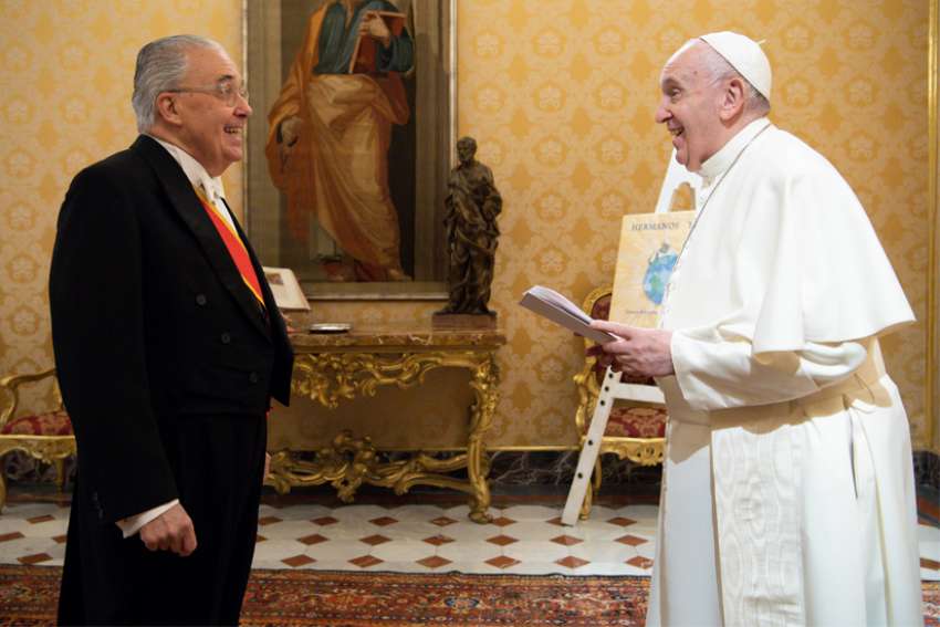 Guzman Carriquiry, the new Uruguayan ambassador to the Holy See, presented his letters of credential to Pope Francis Jan. 9, 2021, during a meeting in the library of the Apostolic Palace at the Vatican.