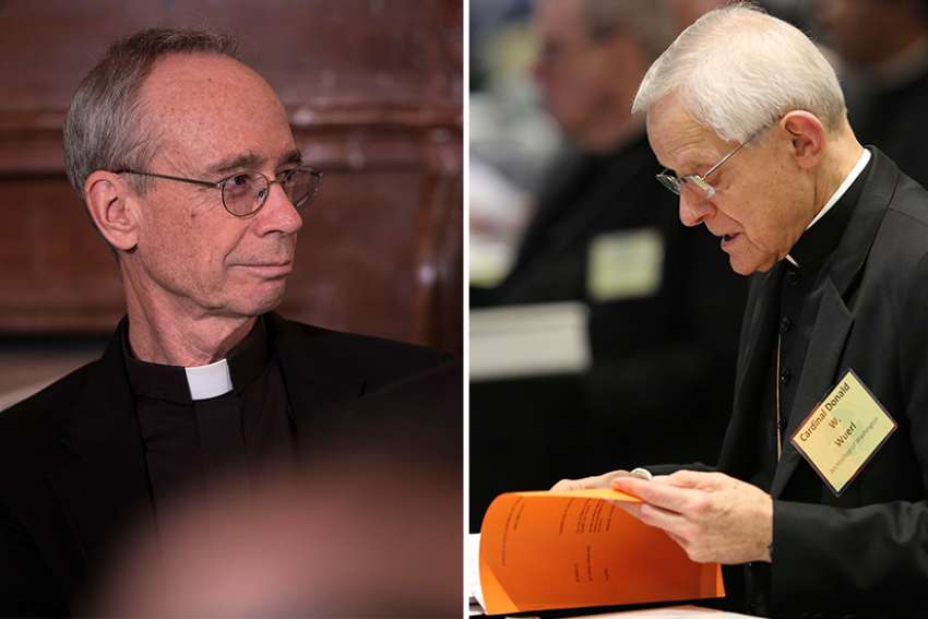 Left: Jesuit Father Thomas Reese attends an Easter prayer breakfast in the East Room of the White House in Washington 2015. Right:  Washington Cardinal Donald W. Wuerl looks over papers June 13 during the USCCB&#039;s annual spring assembly in Florida.