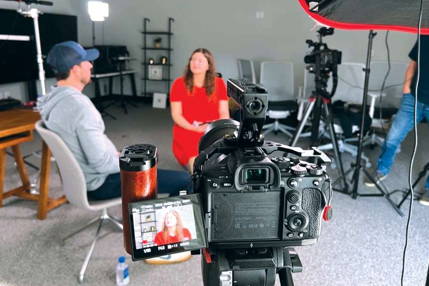 Behind the scenes of Roe Canada: The True North in a Post-Roe World, shows Josie Luetke (right) interviewing Seth Dillon of Babylon Bee.