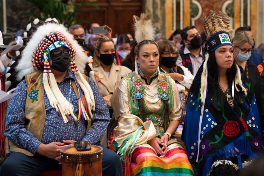 Delegates representing Canada&#039;s First Nations, Métis and Inuit are pictured in the Vatican&#039;s Clementine Hall during a meetig with Pope Francis April 1, 2022.