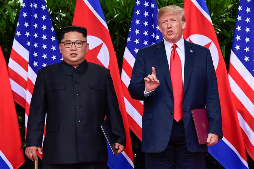 U.S. President Donald Trump makes a statement before saying goodbye to North Korea leader Kim Jong Un after their meeting at the Capella Hotel on Sentosa island in Singapore June 12. Signing a joint statement, President Trump agreed to provide security guarantees to North Korea and Chairman Kim reaffirmed his commitment to the complete denuclearization of the Korean Peninsula.