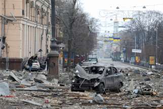 A view of central Kharkiv, Ukraine, shows the area near the regional administration building March 1, 2022.
