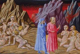 Detail of a miniature of Dante and Virgil encountering groups of coiners, counterfeiters, alchemists and forgers, in illustration of Canto XXIX of Dante’s Divine Comedy.