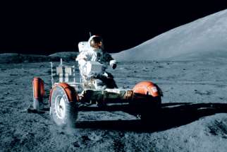 Eugene Cernan, commander of Apollo 17, takes the Lunar Roving Vehicle for a spin on the moon on Dec. 11, 1972. Crenan was the last man to leave footprints on the moon before he and his crew of Harrison Schmitt and Ronald Evans flew back to Earth. We have not returned to the moon since. 