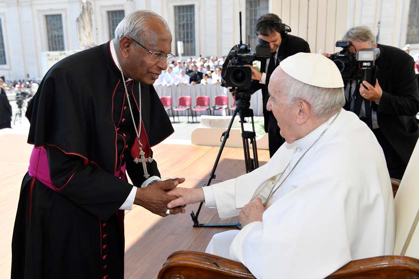 Pope Francis greets Syro-Malabar Archbishop Andrews Thazhath of Trichur, India, at the end of the pope&#039;s general audience at the Vatican June 15, 2022. In late July, the pope named the archbishop apostolic administrator of the Kochi-based Ernakulam-Angamaly Archdiocese of the Syro-Malabar Church. The archbishop has been given police protection in India after a dispute over the liturgy led to a protest.