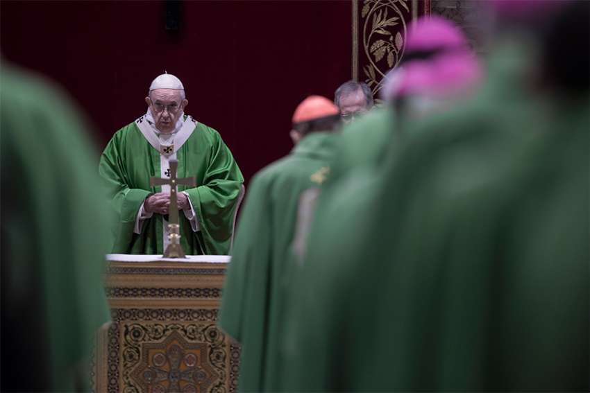 Pope Francis and the heads of bishops&#039; conferences from around the world attend a Mass on the last day of the four-day meeting on the protection of minors in the church at the Vatican Feb. 24, 2019.