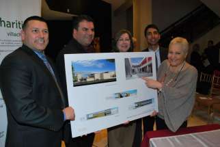 Toronto Catholic school board trustees Frank D&#039;Amico, Sal Piccininni, Ann Andrachuk, then education director Bruce Rodrigues and area trustee Maria Rizzo pose with the plans for the proposed joint Dante Alighieri school and community centre in this 2012 photo.