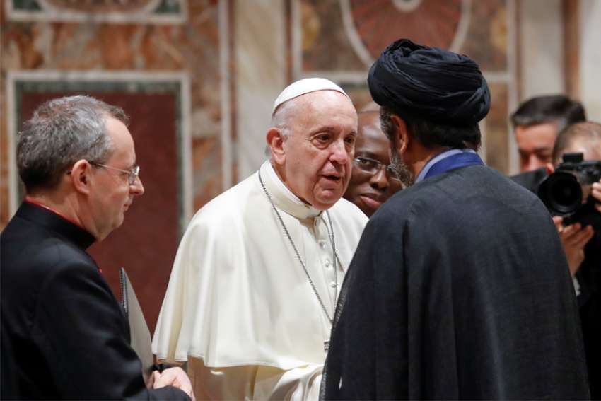 Pope Francis speaks with Iran&#039;s ambassador to the Holy See, Seyed Taha Hashemi, during an audience for the traditional exchange of new year&#039;s greetings in the Sala Regia at the Vatican Jan. 9, 2020.