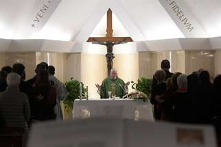  Pope Francis celebrates morning Mass in the chapel of his residence, the Domus Sanctae Marthae, at the Vatican Feb. 7, 2019. In his homily, the pope called on Christians to embrace humility in order to give an authentic witness to the faith.