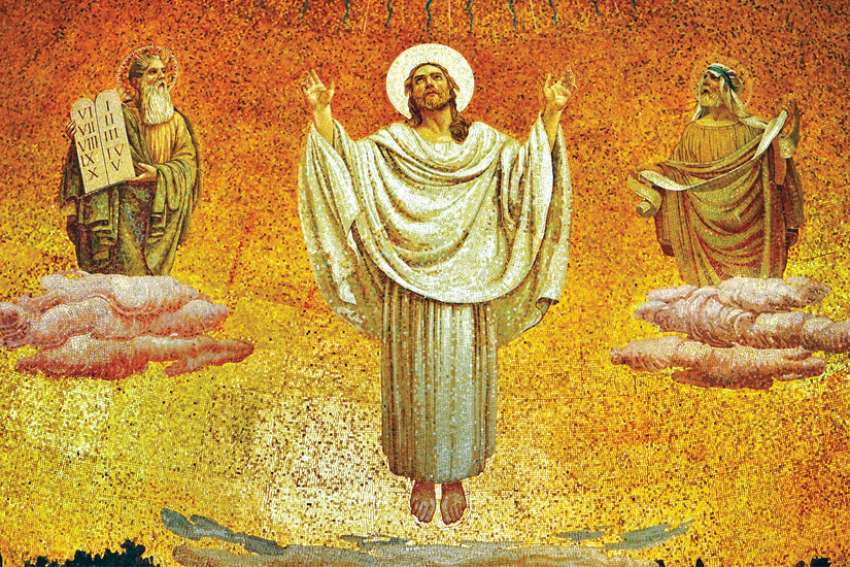 A mosaic depicts the Transfiguration as a radiant Jesus meets with Moses and Elijah.