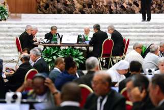 Pope Francis joins leaders and members of the assembly of the Synod of Bishops for a working session in the Vatican&#039;s Paul VI Audience Hall Oct. 23, 2023.