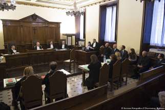 The opening proceedings for the &#039;VatiLeaks&#039; case are seen in a Vatican courtroom Nov. 24. All five people accused of involvement in leaking and publishing confidential documents about Vatican finances were present at the opening of the criminal trial in a Vatican courtroom.