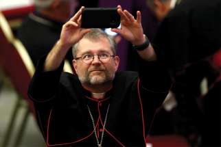 In this 2018 photo, newly installed Sault Ste. Marie Bishop Thomas Dowd takes a selfie before Pope Francis’ audience with young people and members of the Synod of Bishops at the Vatican.