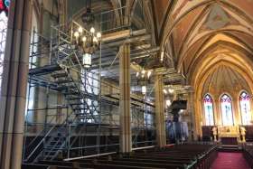 Workers have been busy with the restoration of historic Our Lady of Assumption Church in Windsor, Ont., throughout the pandemic. The scaffolding was raised along the east wall of the church to prepare for phase two renovations.