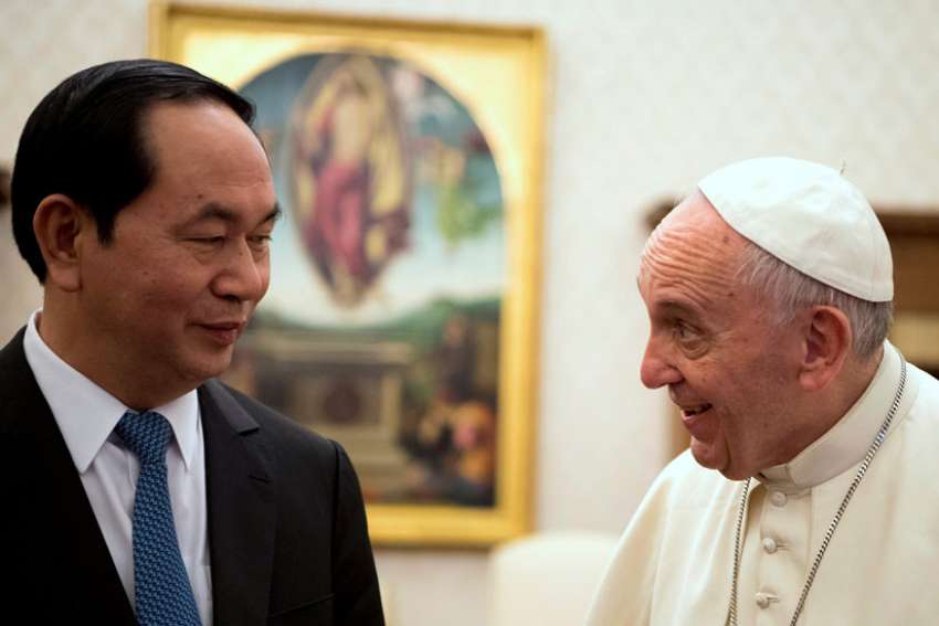 Pope Francis meets President Tran Dai Quang of Vietnam during a private audience at the Vatican Nov. 23.