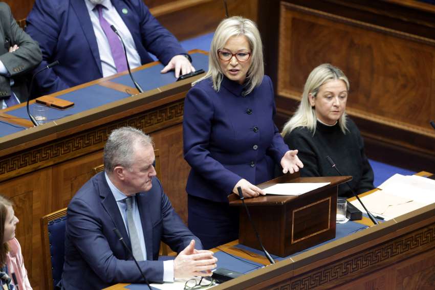 Newly elected Prime Minister Michelle O&#039;Neill of Northern Ireland speaks during a meeting of the legislative assembly in Belfast Feb. 3, 2024. O&#039;Neill is Northern Ireland&#039;s first Catholic prime minister in history.