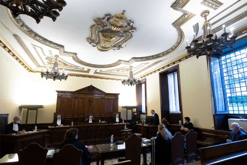 The Vatican City State criminal court is seen Oct. 14, 2020, during the opening of the trial of two Italian priests accused of sexual abuse at a minor seminary inside the Vatican. Father Gabriele Martinelli, 28, was accused of repeatedly sexually abusing a younger student at the seminary and Msgr. Enrico Radice, 71, former rector of the seminary, was accused of obstructing the investigation into younger priest.