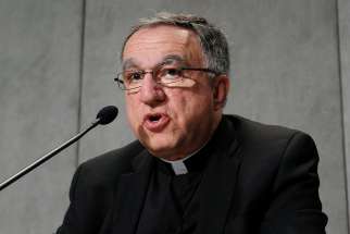 Basilian Father Thomas Rosica, English-language assistant to the Vatican press office and CEO of Canada&#039;s Salt and Light Media Foundation, speaks at a press briefing after the morning session of the Syond of Bishops on the family at the Vatican Oct. 12, 2015. 